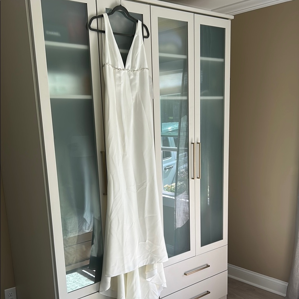 Paloma Blanca Elegant White Satin Wedding Formal Gown